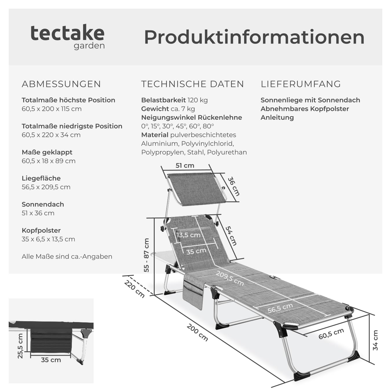 tectake® Sonnenliege mit Dach, Liege klappbar mit Kopfkissen + Seitentasche, zusammenklappbar, leicht tragbar, Aluminium Strandliege, Liegestuhl klappbar für Garten, Sonnenliege Camping - grau-meliert