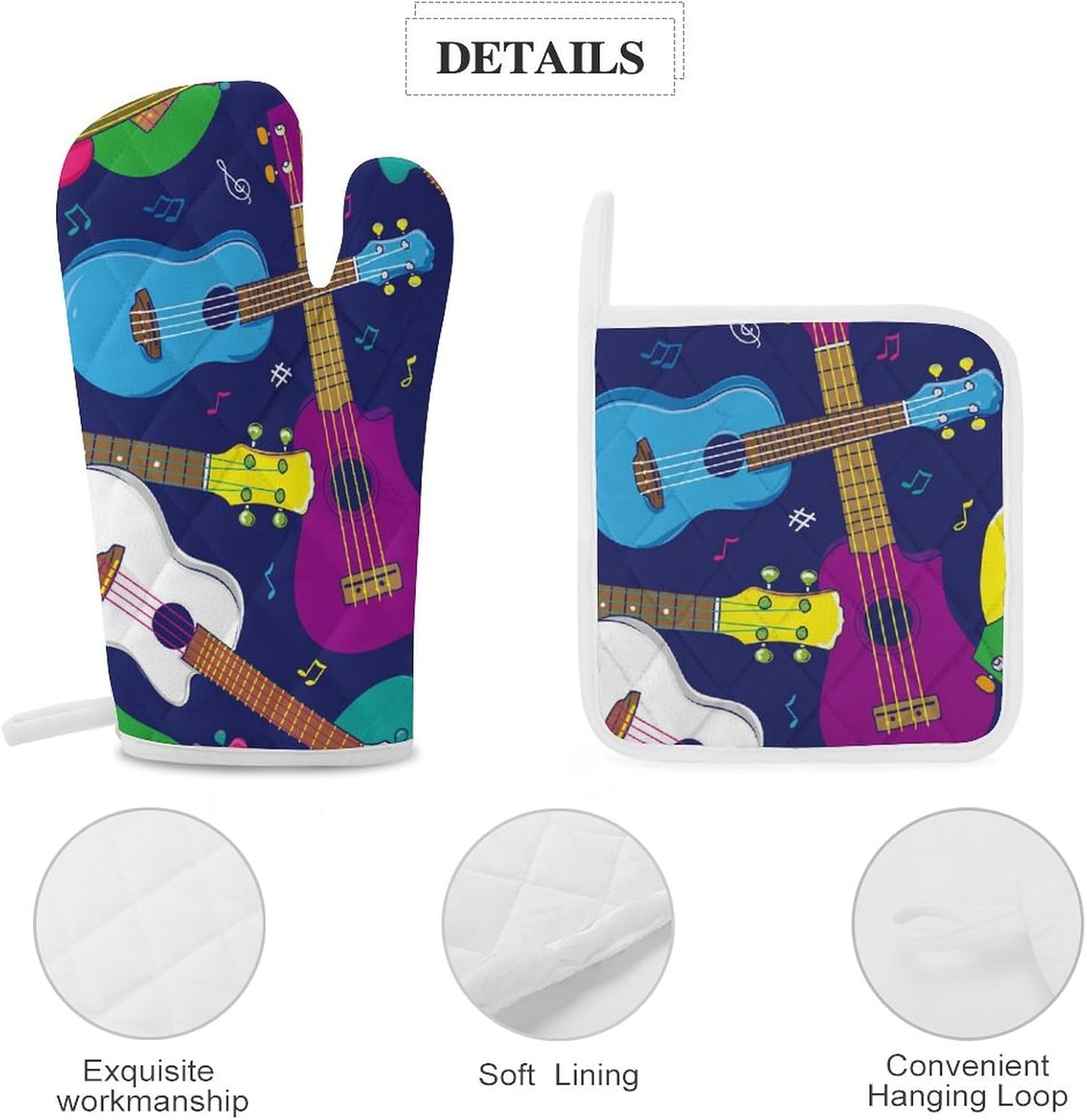 Hawaiian Beginner Ukulele Print Oven Mitts and Pot Holders 3 Piece Sets Heat Resistant Gloves Hot Pads Potholders for Kitchen Baking Cooking