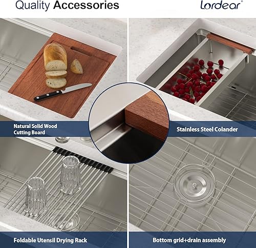 Miniatura 166 de Lordear Fregadero de cocina de montaje inferior de 23 pulgadas, estación de trabajo, fregadero de cocina de acero inoxidable calibre 16, cuenco