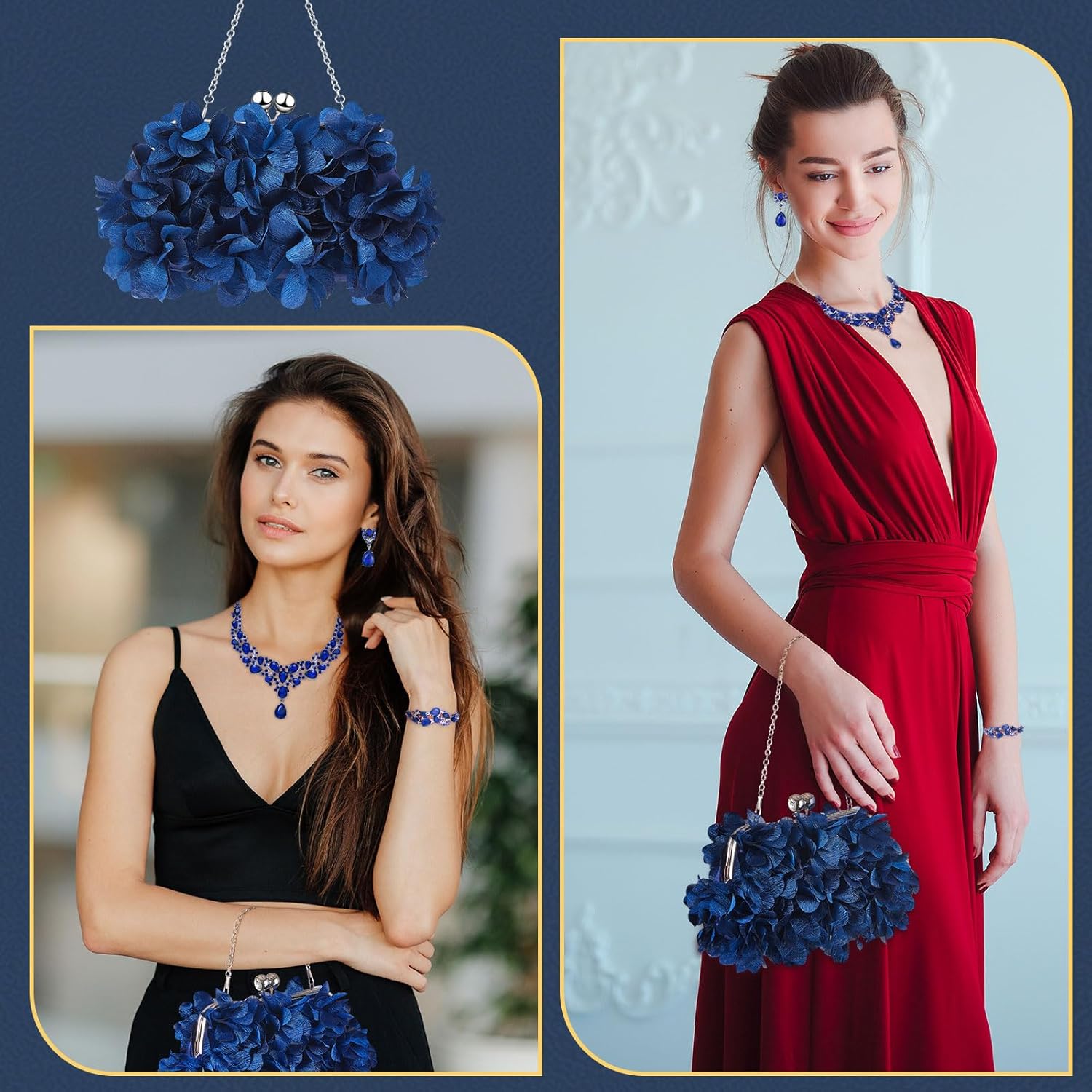 4 Pcs Flower Clutch Rhinestone Jewelry Set Rose Clutch Handbags with Detachable Strap Detachable Necklace Earrings Bracelets for Wedding Party Prom Valentine Gift - Image 5