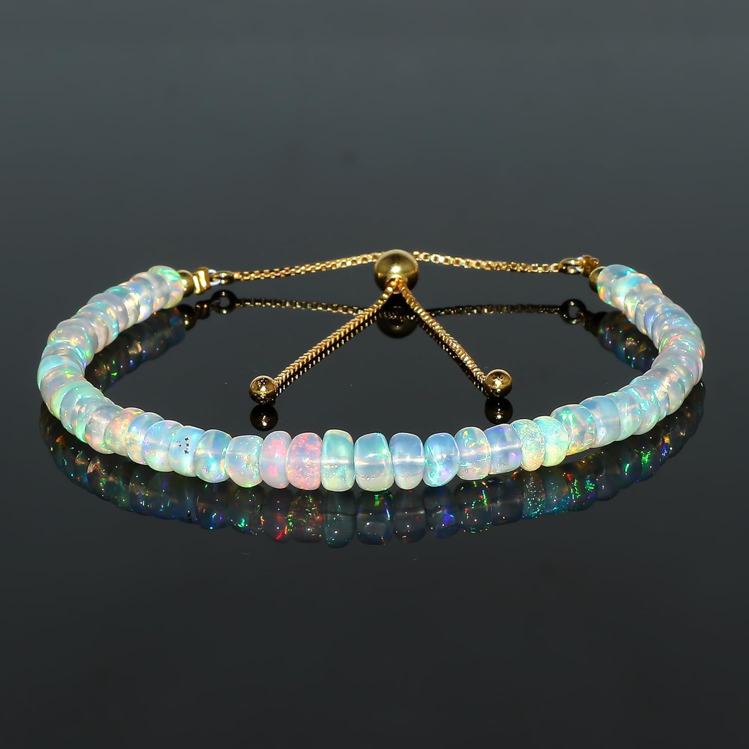 AAA Grade Natural Ethiopian Opal Gemstones Bolo Bracelet, Healing Crystals, Handmade Women Jewelry, Opal Beads Jewelry, October Birthstone, 14K Gold Plated Adjustable Chain 10inch