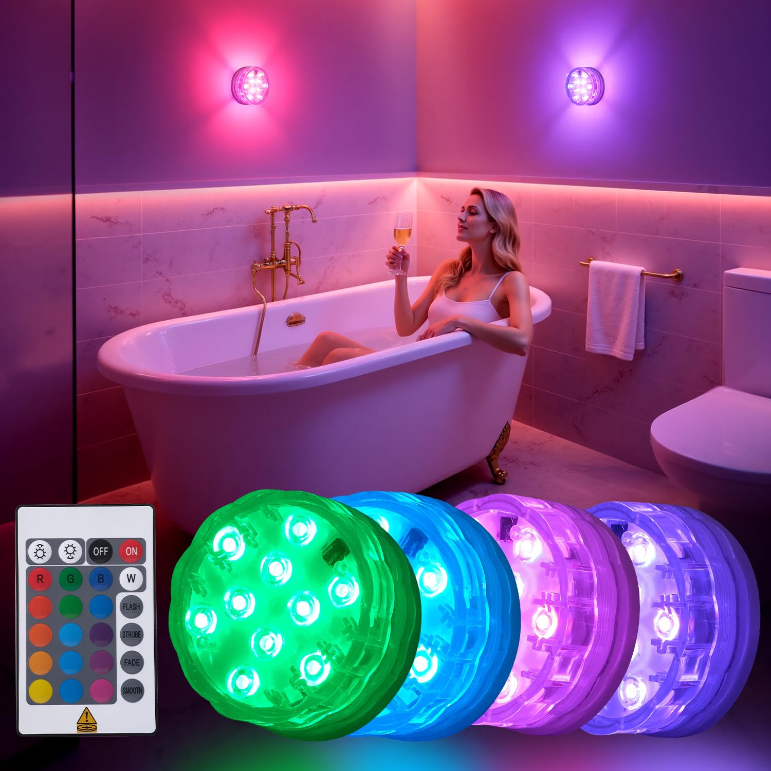 Wireless LED Shower Light with Remote Control, Waterproof RGB Color Changing Lamp for Bathroom and Bathtub, Battery Operated Ambient Lighting for Spa and Home Decor, 4-Pack Set