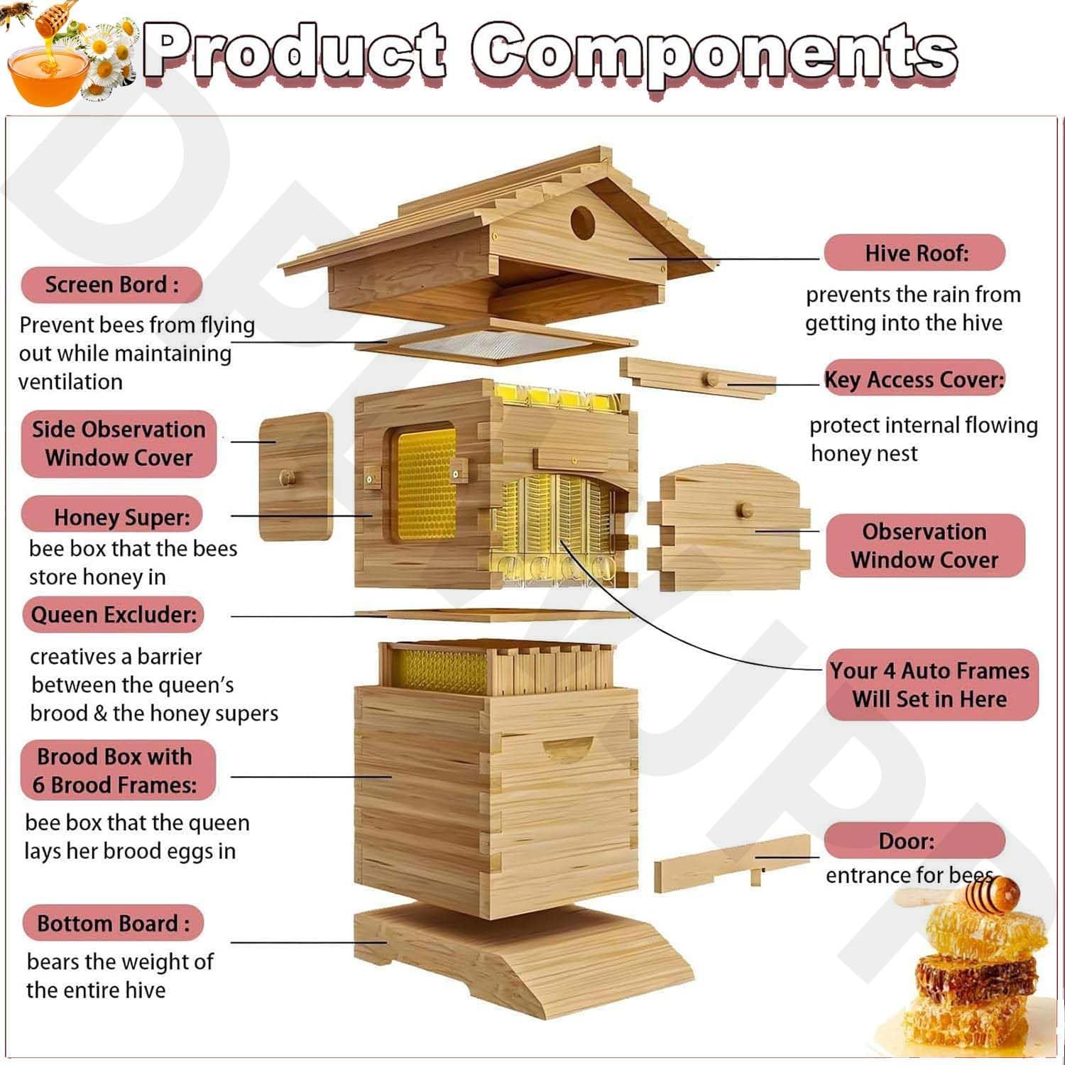 Beehive Starter Kit – Set completo di alveare a flusso automatico con alveare rivestito in cera, finestra di osservazione, beccuccio per miele per principianti – ideale per gli appassionati di