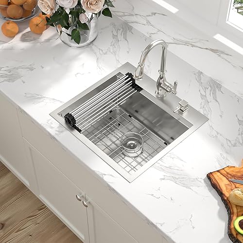 Miniatura 4 de Sarlai Fregadero de barra de 21 gotas de acero inoxidable - Fregadero de cocina de 21 x 20 pulgadas, estación de trabajo de montaje superior, acero