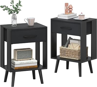 Bedside Tables Set of 2, 40X 30 X 60.3cm Black Bedside Table, 2-Tier Small Bed Side Table Bedroom with Drawers and Open Shelf Nightstand Bedside Cabinet for Gift | 40 x 30 x 60.2 cm | Drawer + Shelf | Metal + Wood Legs | 45 kg Capacity | Easy and Quick Assembly | Bedroom/Living Room