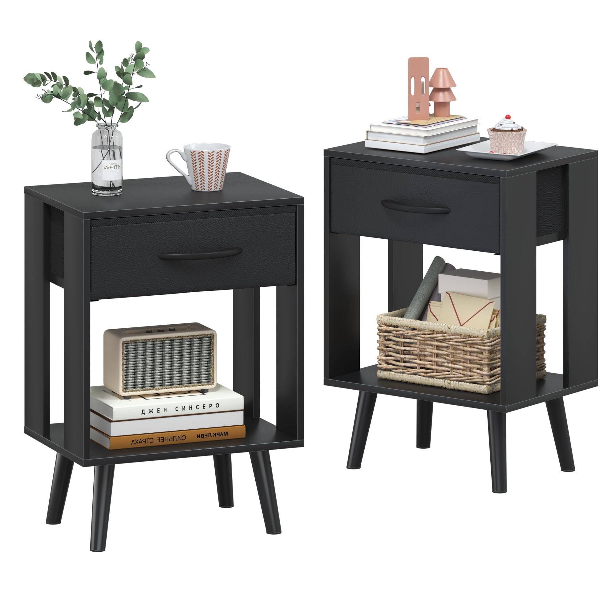 Nachttisch 2er Set, 40X 30 X 60.3cm Nachttisch, Klein Nachttische mit Schublade Nachtschrank für Schlafzimmer Kinderzimmer Zimmer Geschenk Bedside Table Nightstand, Schwarz