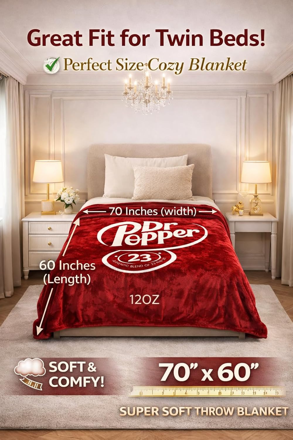 Dr Pepper Blanket 70x60 – Soft Thermal Flannel Fleece Throw, Soda Can Stuffed Plush Red Blanket for Couch, Bed, Car & Travel – Fun Home Decor Gift for Soda Fans.