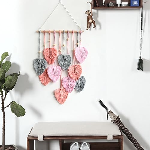 Miniatura 3 de Juaugusep Tapiz de macramé para colgar en la pared, tapiz tejido bohemio chic para decoración del hogar, moderno, hecho a mano, con plumas de hojas