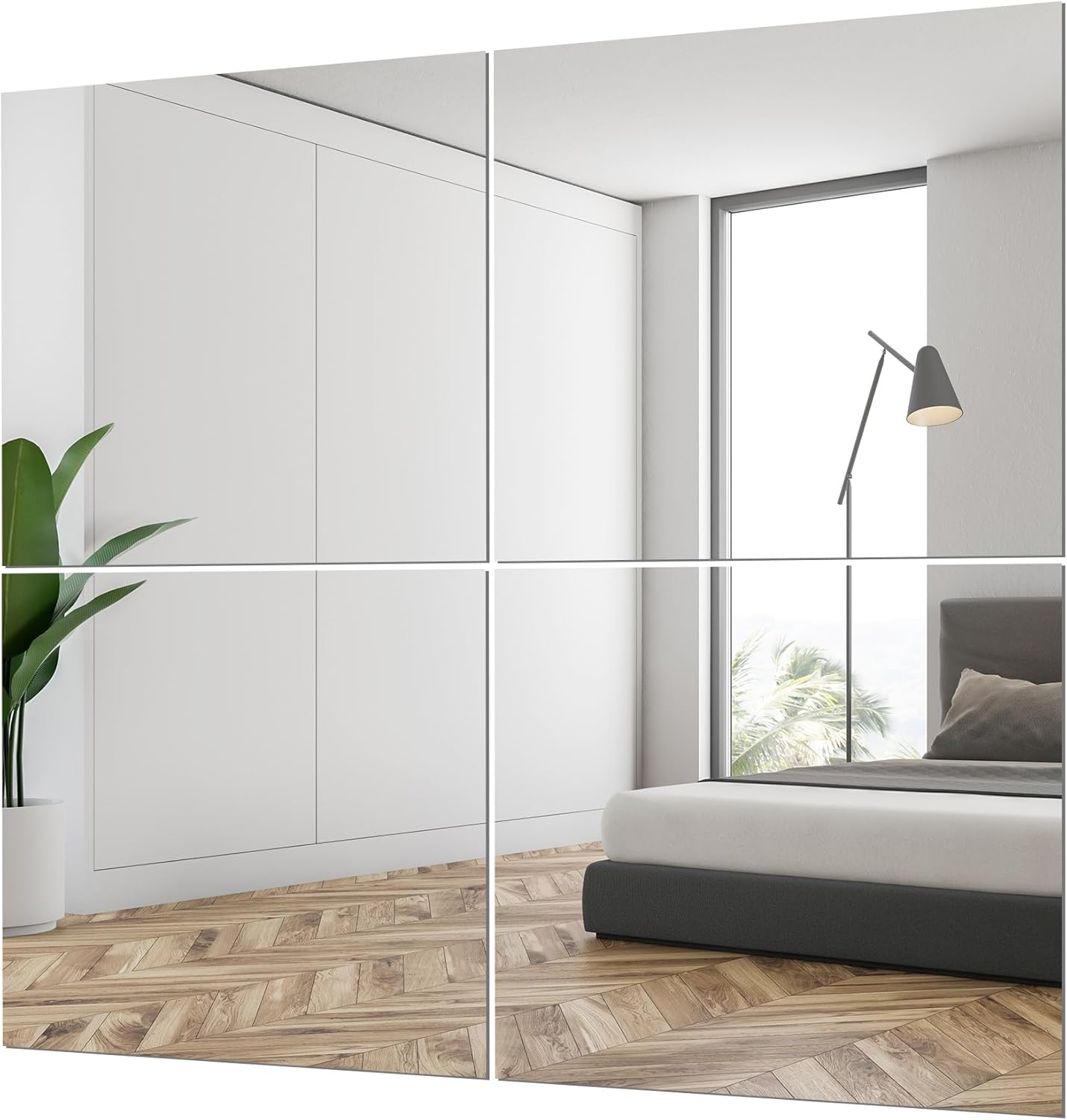 Mirror Tiles for Wall Pack of 4 - Full Length Frameless Wall Mirror, Full Body Home Gym Mirror, Self Adhesive Stick On Wall - 10x10