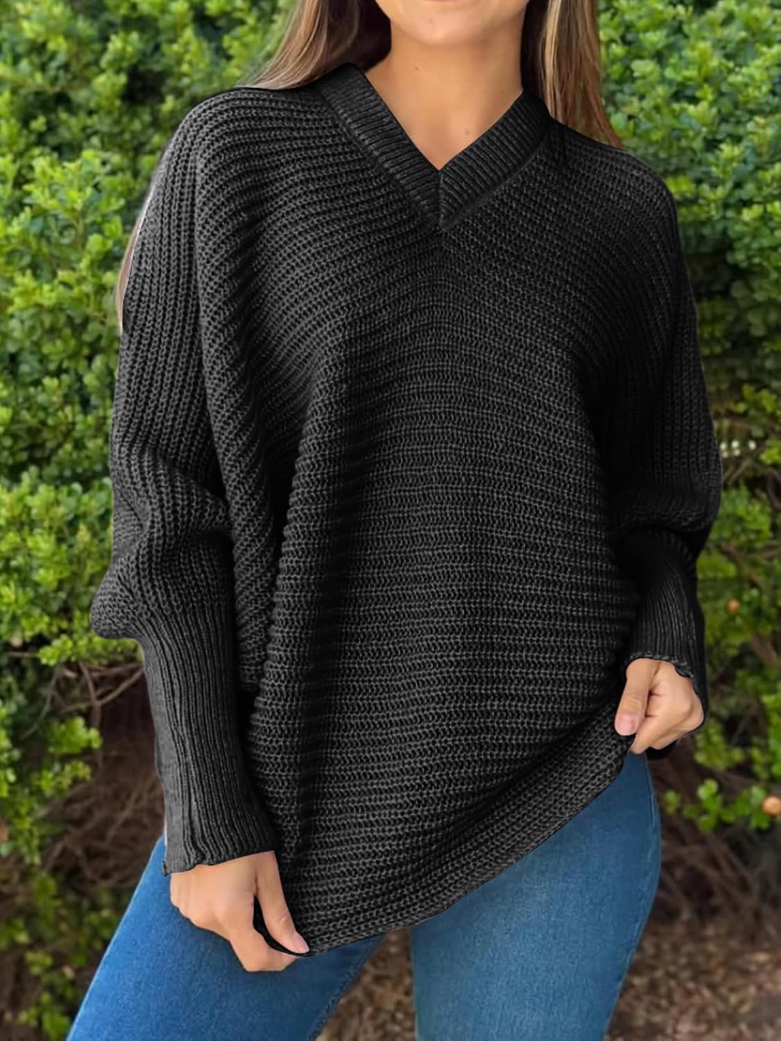 Saodimallsu Womens V Neck Batwing Sweaters Long Sleeve Chunky Ribbed Knit Fall Trendy Loose Pullover Sweater Tops - Image 2