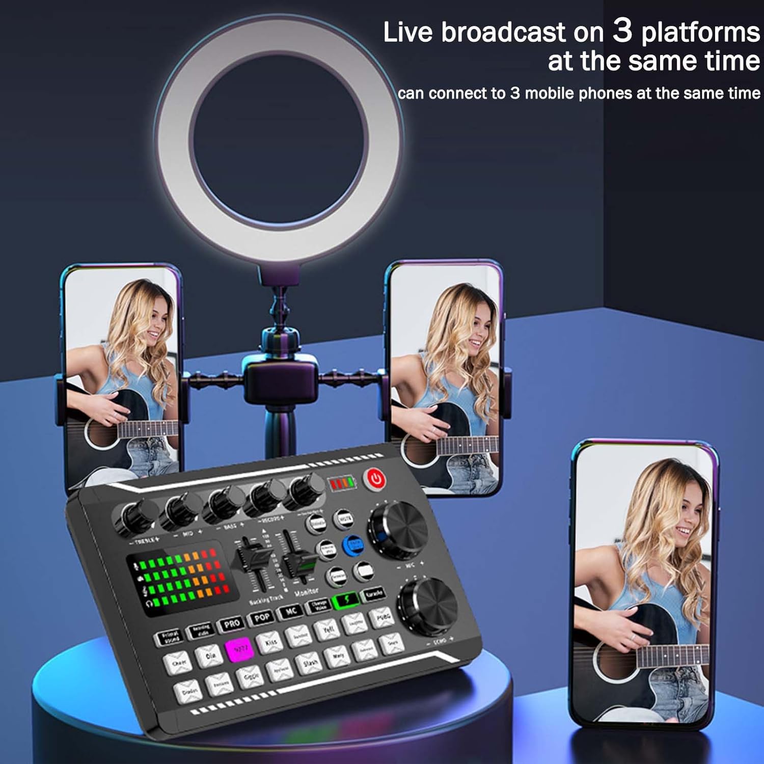 F998 mixer connected to three mobile phones for live broadcasting