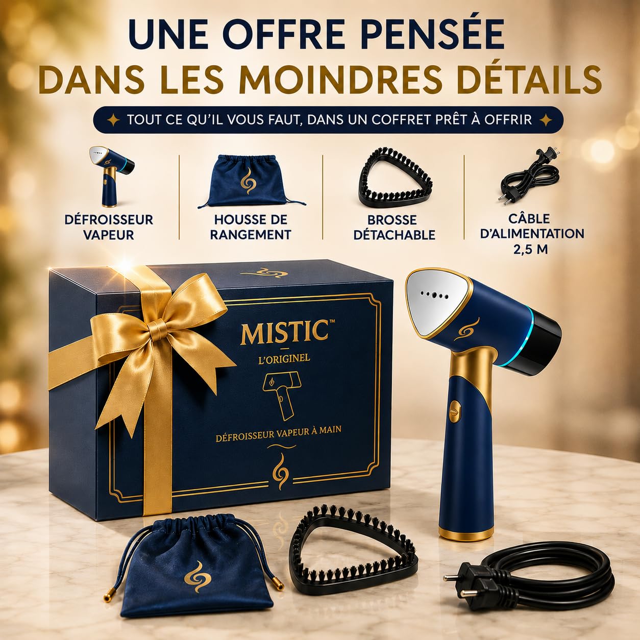 MISTIC Defroisseur Vapeur à Main Pliable, Steamer 1000W Portable pour Maison & Voyage, Defroisseur Vetement Prêt en 20s, Réservoir Amovible 200 ml, Câble long 2,5 m, Lumière LED, Brosse Clipsable