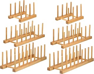 Lawei Set of 6 Bamboo Dish Rack - 3/6/8 Slots Wooden Plate Rack Stand Pot Lid Holder Dish Drying Rack for Dish, Bowl, Cup, Cutting Board and More