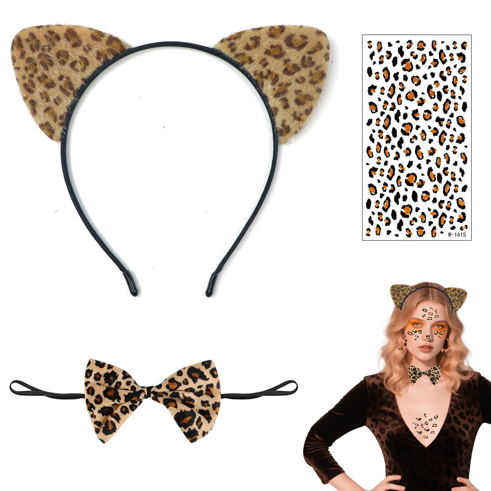 3-Piece Leopard Costume Set for Adults - Animal Headband, Fake Tattoo & Bow Tie - Accessories for Carnival Cosplay & Halloween Party