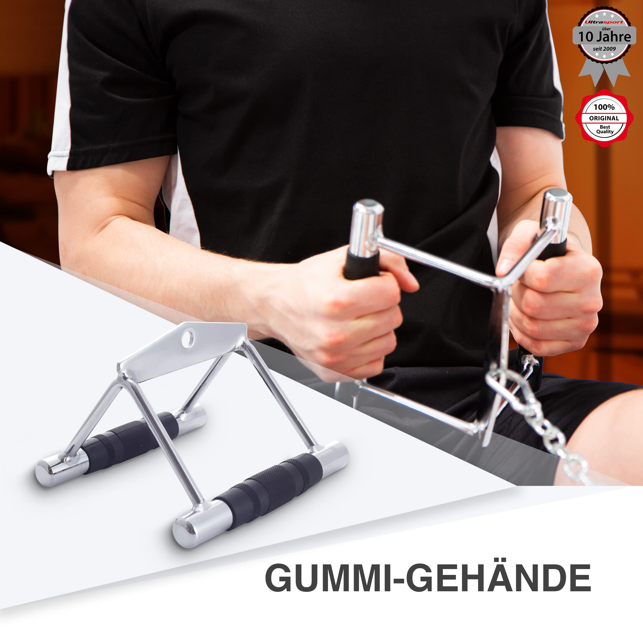 Ultrasport Griffe-Set, bestehend aus Rudergriff und Trizeps-Seil, Ergänzung zu Power Rack mit Seilzugsystem, um deren Workout-Varianten zu erweitern, mit rutschfesten Griffen, Schwarz/Silber