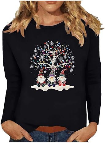 Ugly Christmas Sweater Women Long Sleeve Funny Xmas Graphic Sweatshirts Holiday Tops Dressy Round Neck Pullover Gifts