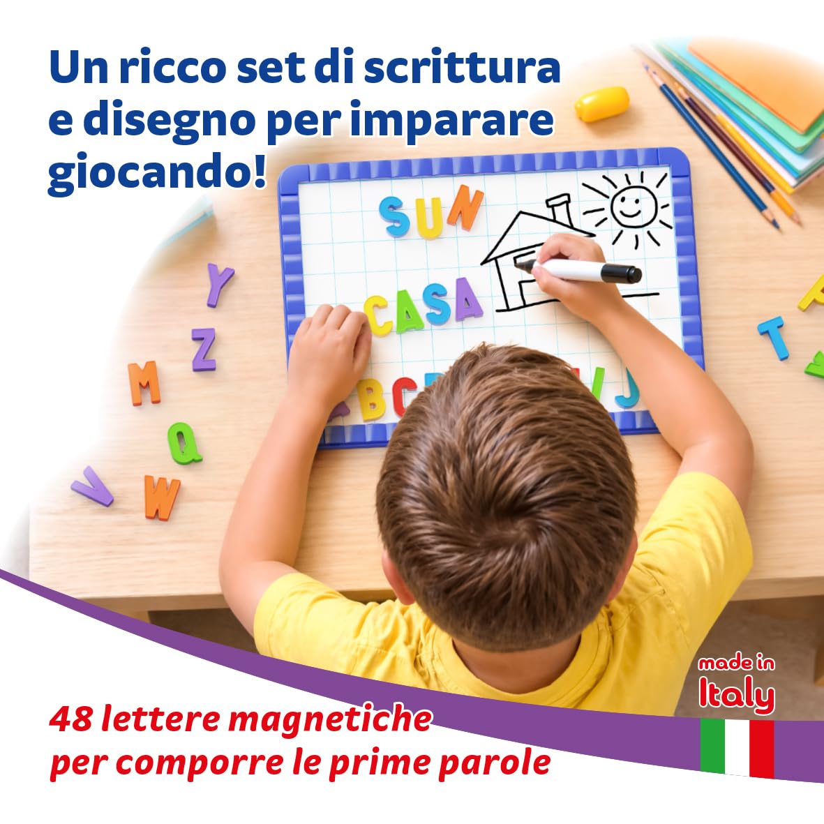 Quercetti Magnetino Letters Basic, Lavagna Magnetica per Bambini con 48 Lettere Magnetiche per Bambini, Gioco Educativo 4 Anni per Imparare l’Alfabeto, Made in Italy