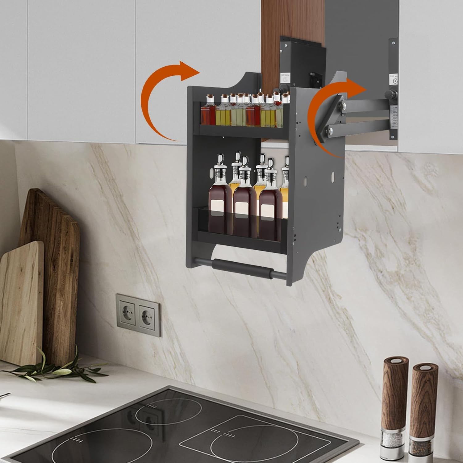 16.14-17.72" Pull down Shelf for Upper Cabinets 2-Tier Pull down Cabinet Organizer with Adjustable Resistance Pull down Spice Racks for Kitchen Upper Cabinets (Glass-Black, W:16.14-17.72")