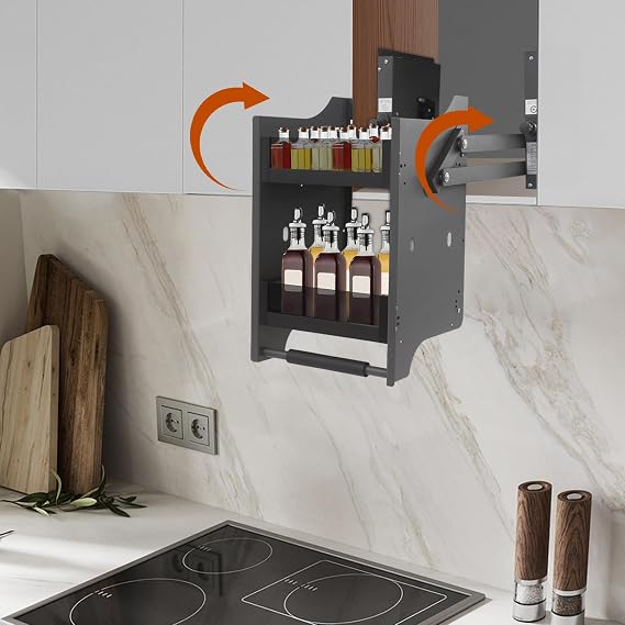 16 Inch Pull Down Cabinet Organizer Heavy Duty 2 Tier Kitchen Rack Drop Down Sliding Shelf Large Storage Space Wall Mounted Spice Rack Organizer for Kitchen Appliance Lift Upper Cabinet