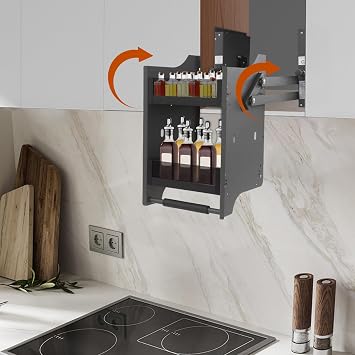 16 Inch Pull Down Cabinet Organizer Heavy Duty 2 Tier Kitchen Rack Drop Down Sliding Shelf Large Storage Space Wall Mounted Spice Rack Organizer for Kitchen Appliance Lift Upper Cabinet