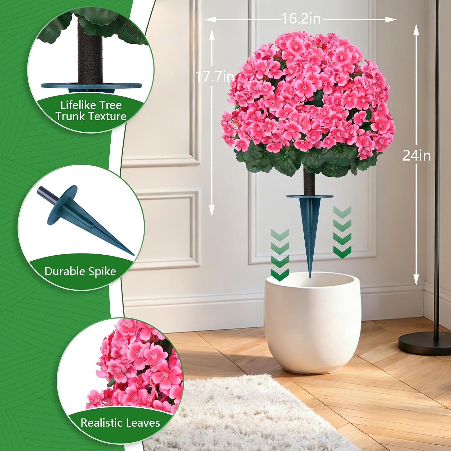 Artificial Flower Topiary for Outdoor with 2 Pack, Fake Silk Pink Blossoms Flowers Bushes, UV Resistant Realistic Shurb Plants for Outside,Front Porch,Patio,Yard, Valentine's Day - Image 2