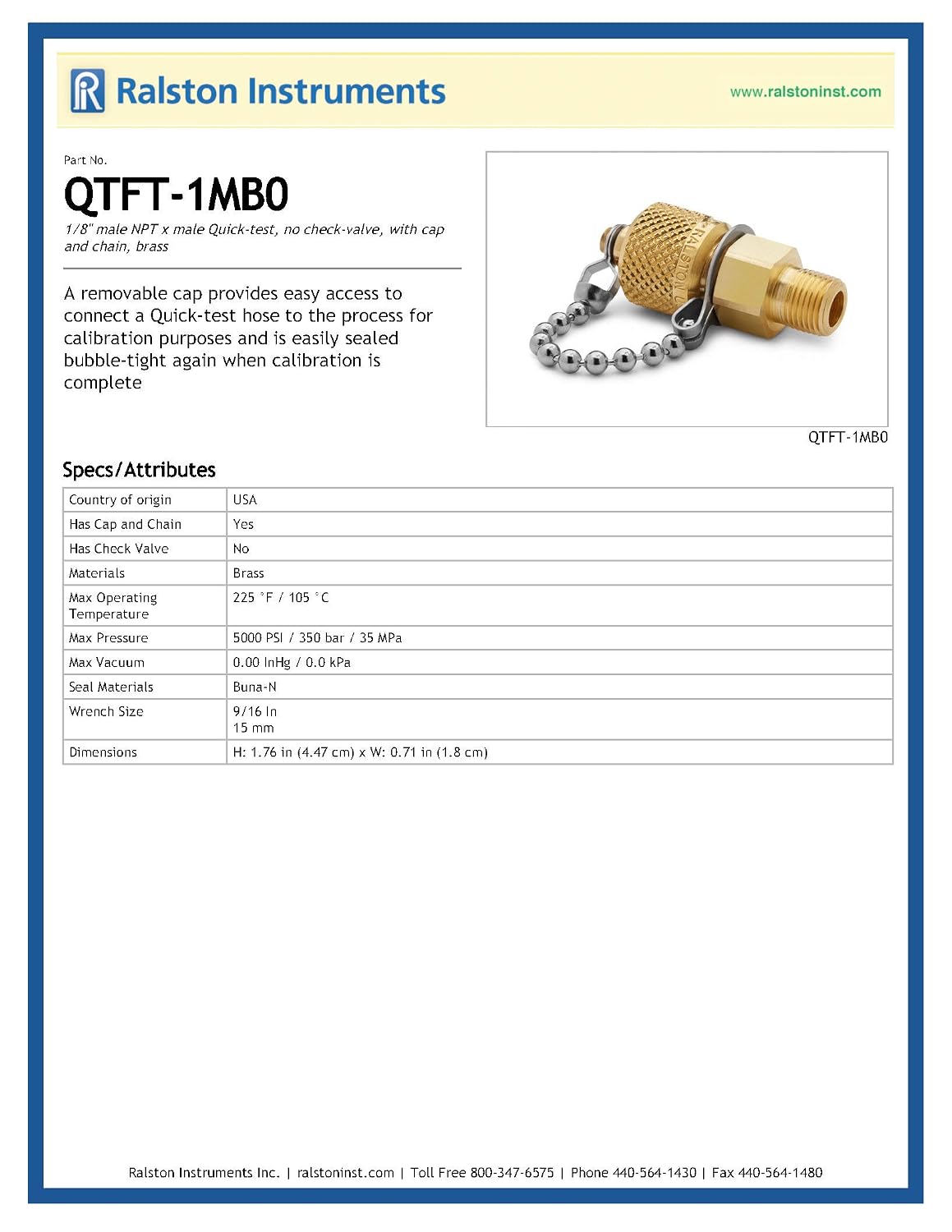 Ralston Instruments QTFT-1MB0 1/8" male NPT x male Quick-test Brass Fitting with Cap and Chain