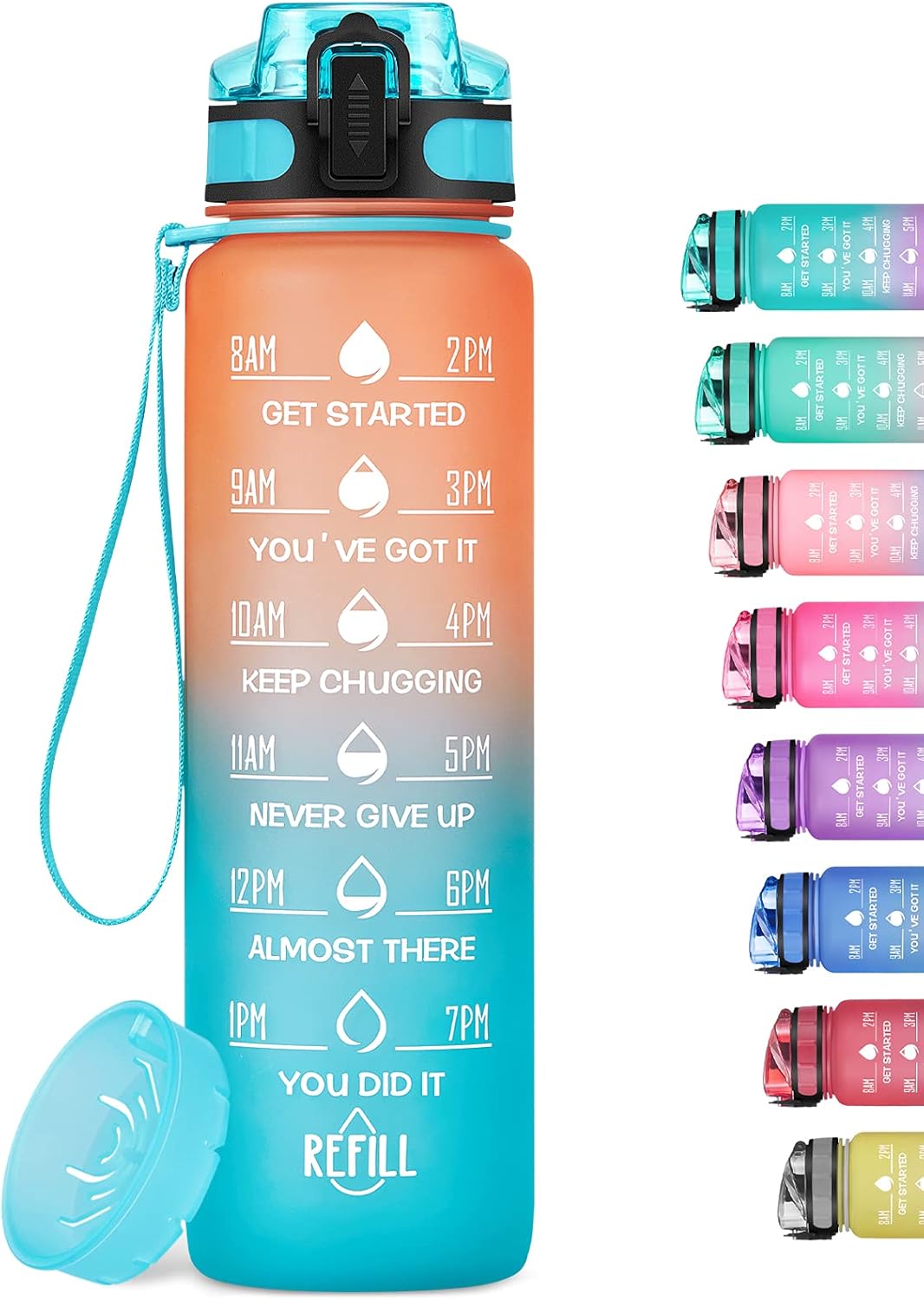 MEITAGIE Motivational Water Bottle with Time Marker and Fruit Strainer, Leak-Proof, BPA Free, Non-Toxic, with Carrying Strap, Perfect for Fitness, Gym and Sports MEITAGIE Motivational Water Bottle with Time Marker and Fruit Strainer, Leak-Proof, BPA Free, Non-Toxic, with Carrying Strap, Perfect for Fitness, Gym and Sports