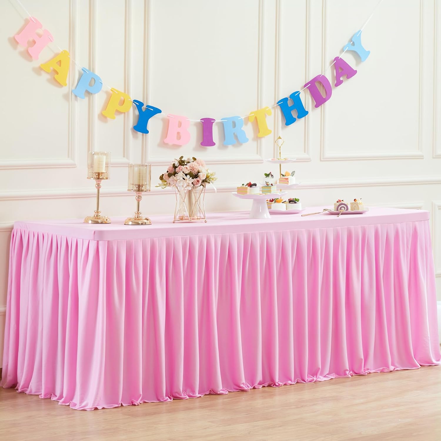 6ft Pink Tablecloths for Rectangle Tables Open Back Fitted Ruffle Table Cover 6ft Pink Stretchy Table Cloth with Skirt for Parties Weddings Birthday Banquet Baby Shower Girls Cake Dessert Decorations