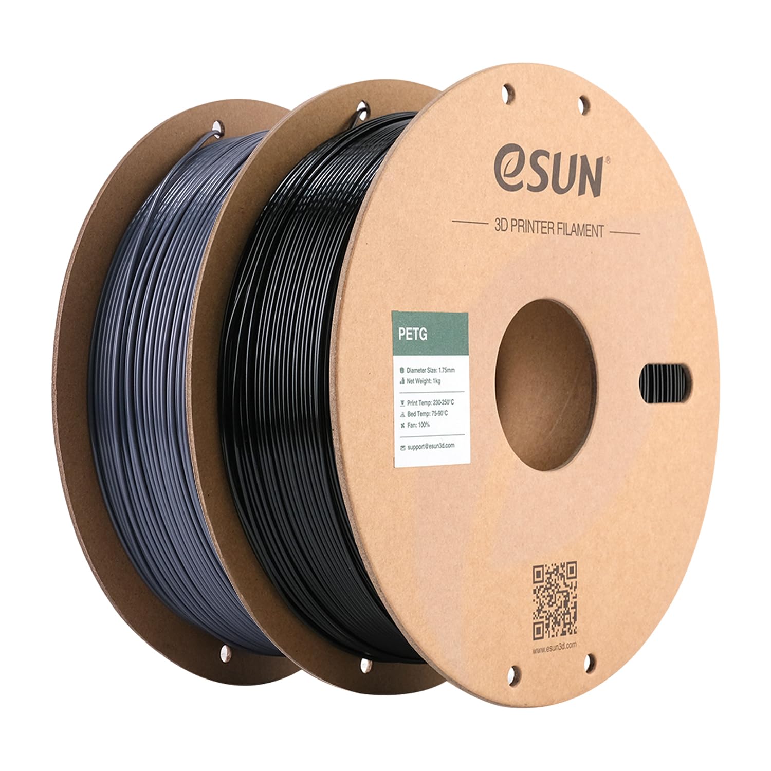 eSUN Filamento PETG 1,75 mm, filamento per stampanti 3D PETG, precisione di misurazione +/- 0,03 mm, 1KG per bobina, 2 bobine di filamento di stampa 3D per stampanti 3D, Nero solido+Grigio solido