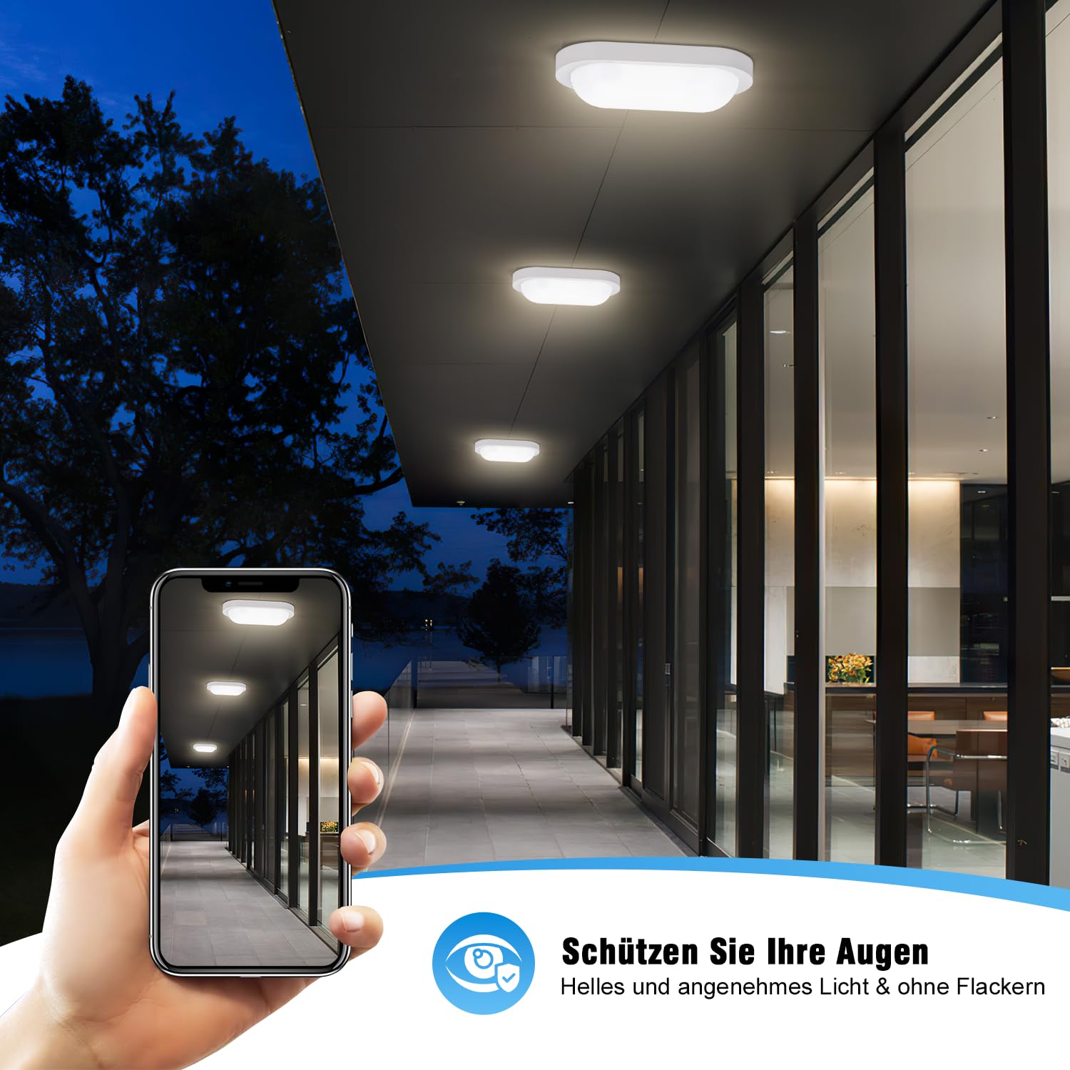 3 Stücke Wandlampe mit Bewegungsmelder, IP65 Kellerleuchte mit Dämmerungssensor, 12W Feuchtraumleuchte, 1080LM LED Deckenleuchte, 4000K Lampe Oval für Keller, Flur, Garage, Balkon