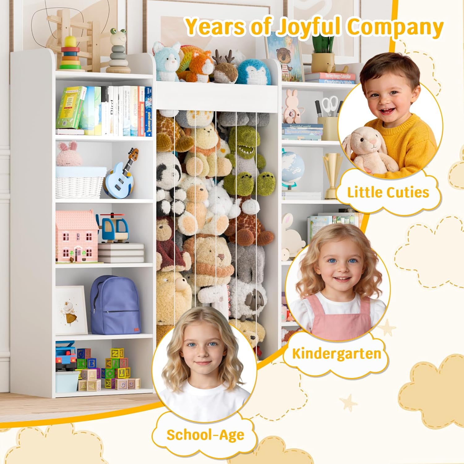 63" W Kids Bookshelf, Toy Storage with 233L Stuffed Animal Zoo for 100+ Plush Toys, 12-Tier Open Cube Organizer Shelf with 10 Cubbies for Boys/Girls, Playroom/Kids Room/Classroom, Home Decor