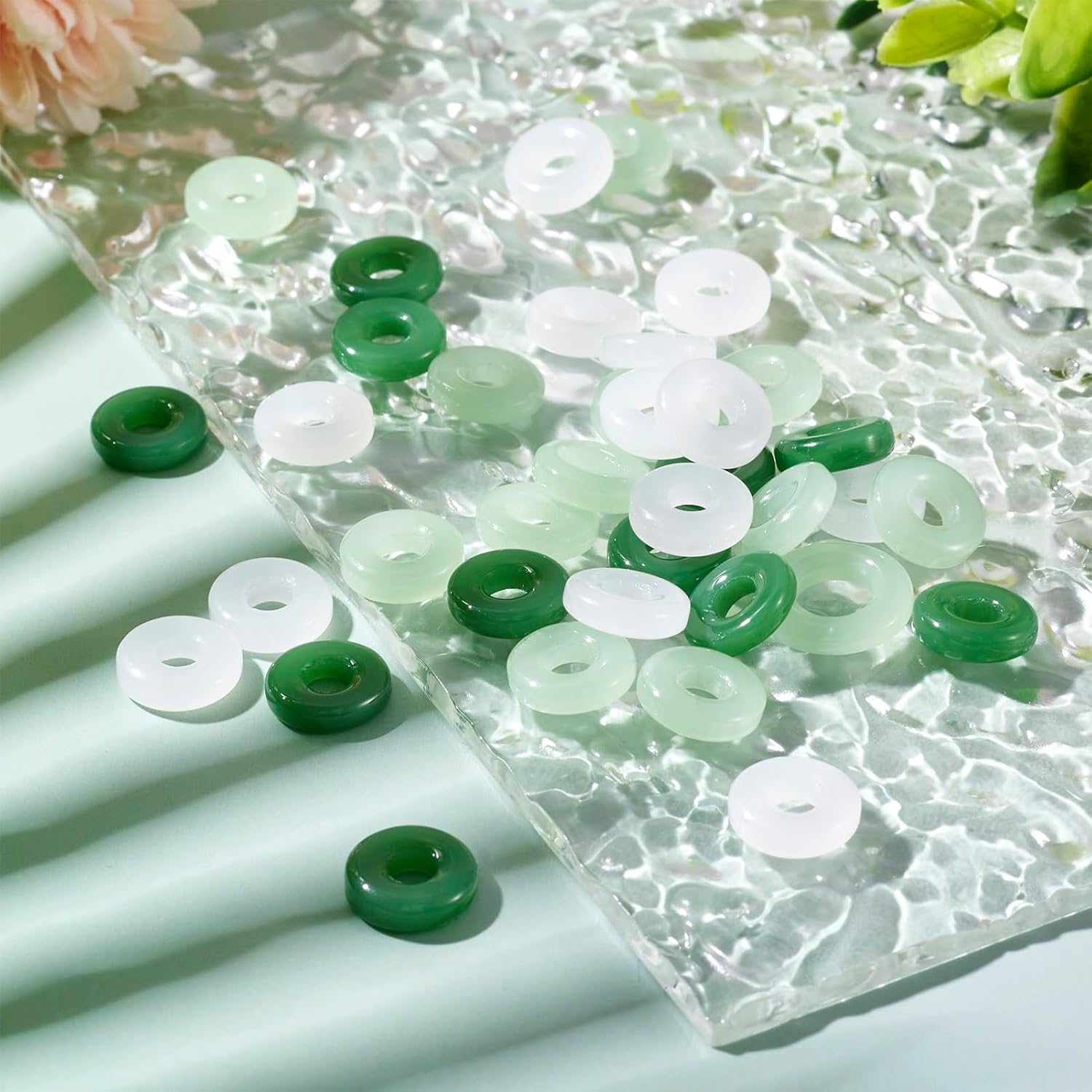 12mm Green Hollow Flat Round Beads Crystal Glass Circle Bead Craftdady 75Pcs Glass Donut Ring Charms Beads White Disc Rondelle Slices Loose Beads for DIY Bracelet Earring Jewelry Making - Image 5