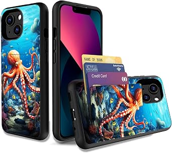 for iPhone 13 mini/12 Mini Case,Dual Layer Smooth Hard Back Cover Wallet Pocket Credit Card ID Protective Case for iPhone 12 Mini/13 Mini 5.4 inch,Octopus in The Sea