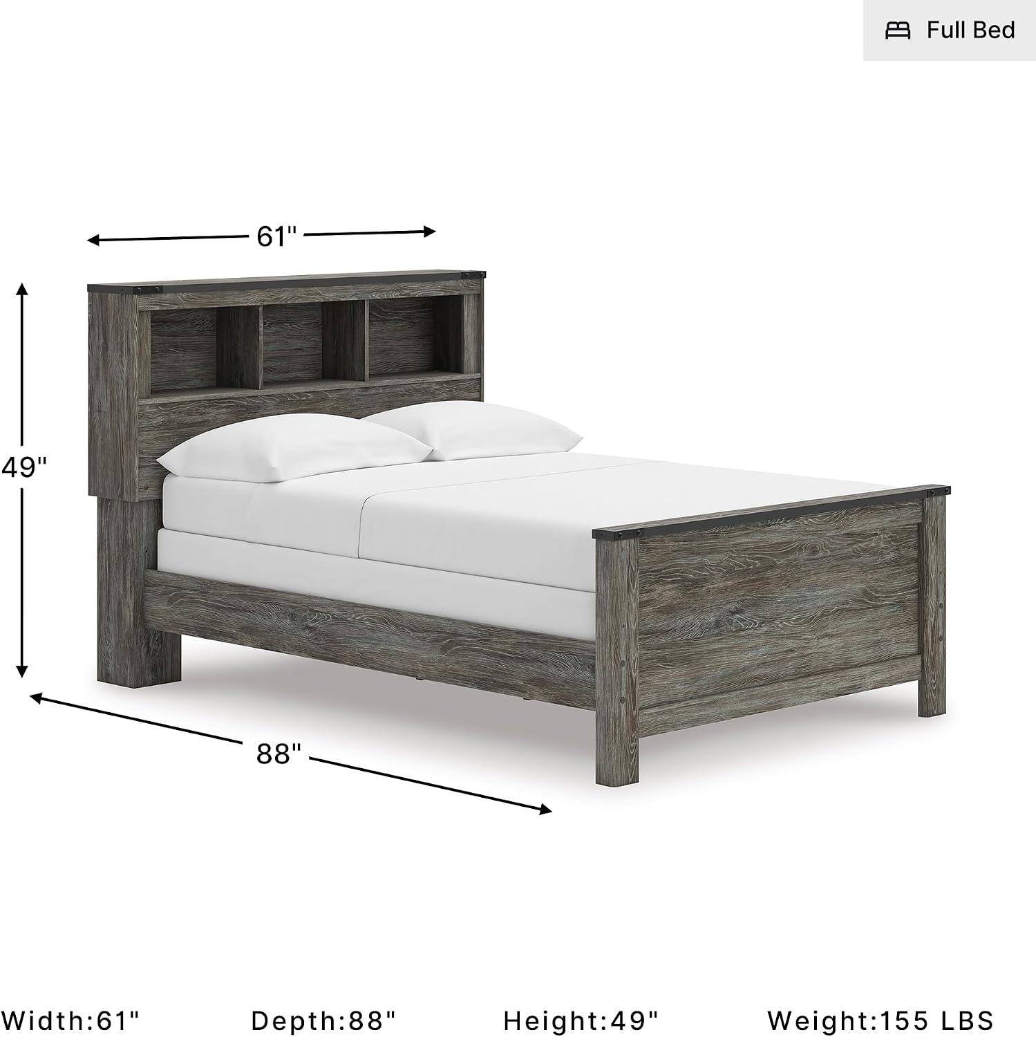 Signature Design by Ashley Frandern Full Size Bookcase Bed, Gray | Rustic warm gray finish, 3 headboard storage cubbies, Faux metal nailhead accents, Casual farmhouse style, Youth bedroom use