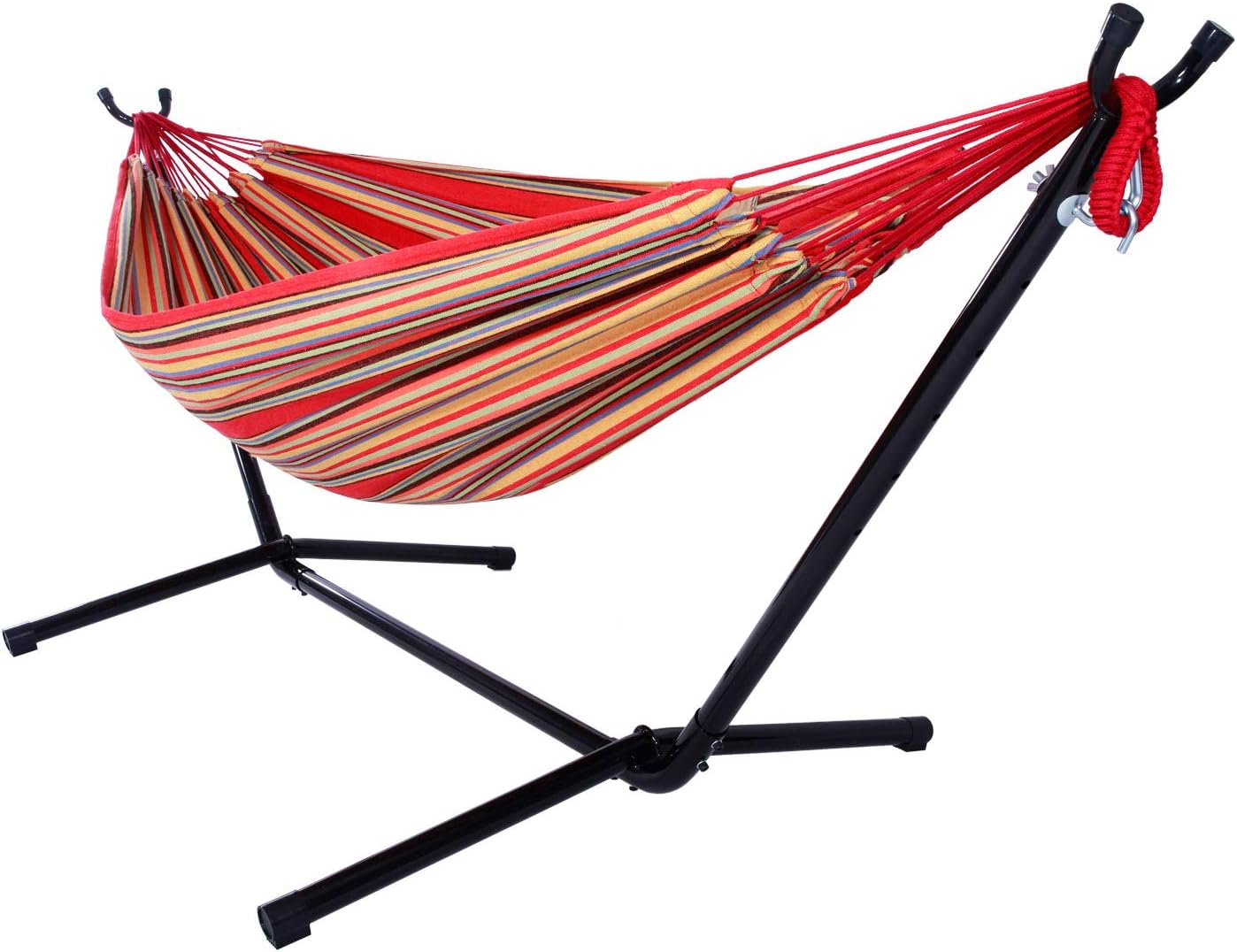 Vasitelan Hammock with Space Saving Steel Stand Included 2 Person Heavy Duty Outside Garden Yard Outdoor 330lb Capacity 2 People Standing Hammocks and Portable Carrying Bag (Red Stripe)