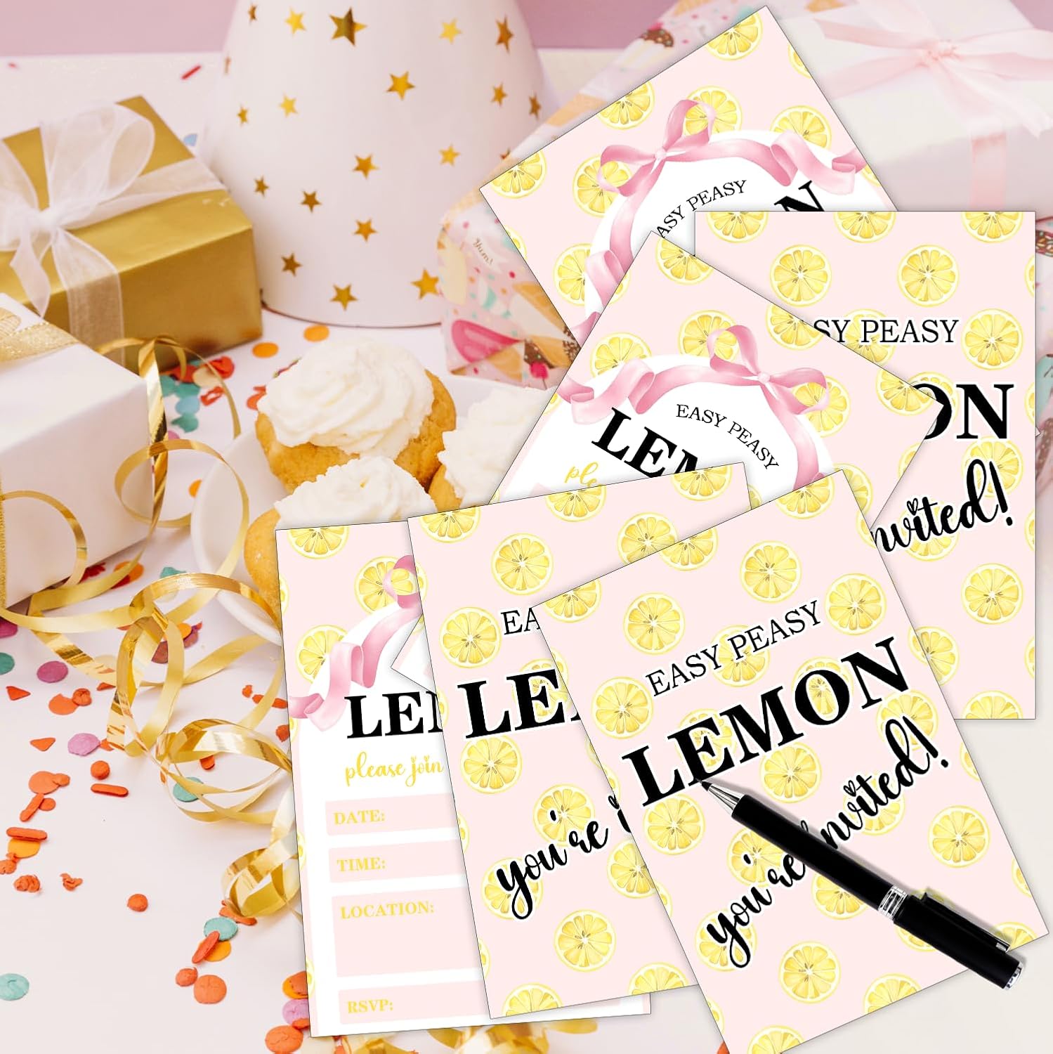 Easy Peasy Lemon Baby Shower Invitations - 25 Count Fill-In Yellow Lemon Cards with Envelopes, 4x6 Inch Paper Invites for Gender Reveal Party Decorations and Supplies (Pink Bow)