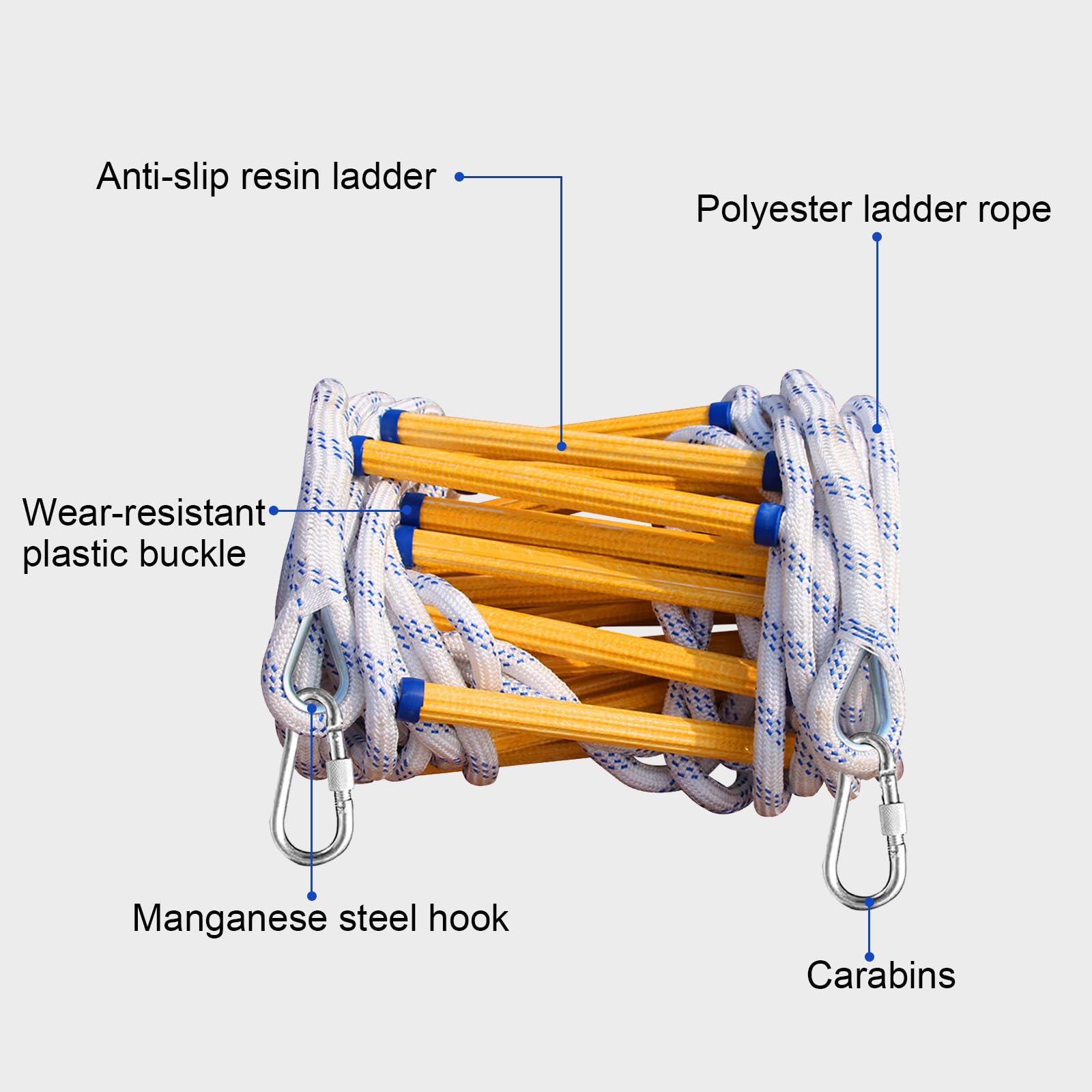 Escalera de Cuerda de Escape de Incendio 5M, Escalera de Emergencia con Mosquetón y Guantes, 200KG