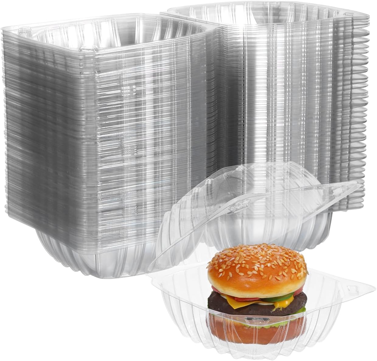PartyKindom 100 Pcs Clear Plastic Containers, 6 Inch Disposable Food Containers with Lids, Visible Clamshell Hinged Food Take Out Box for Burger, Sandwich, Cakes, Dessert, Cookies, Salad, Pasta