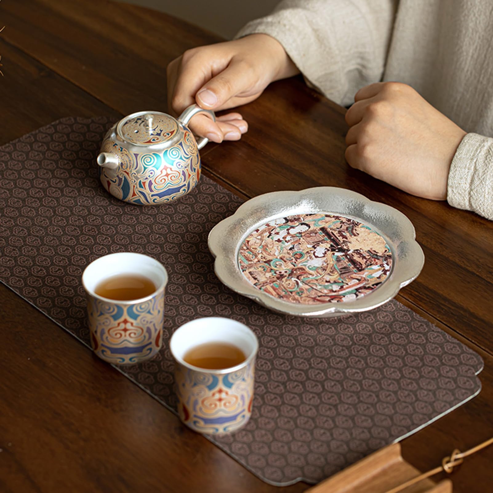 FOTN Juego de té vintage único, cerámica y plata, 1 olla, 2 tazas, 1 alfombrilla para olla, 1 caja de regalo, juegos de té KungFu, juego de tazas de café de lujo, taza para beber
