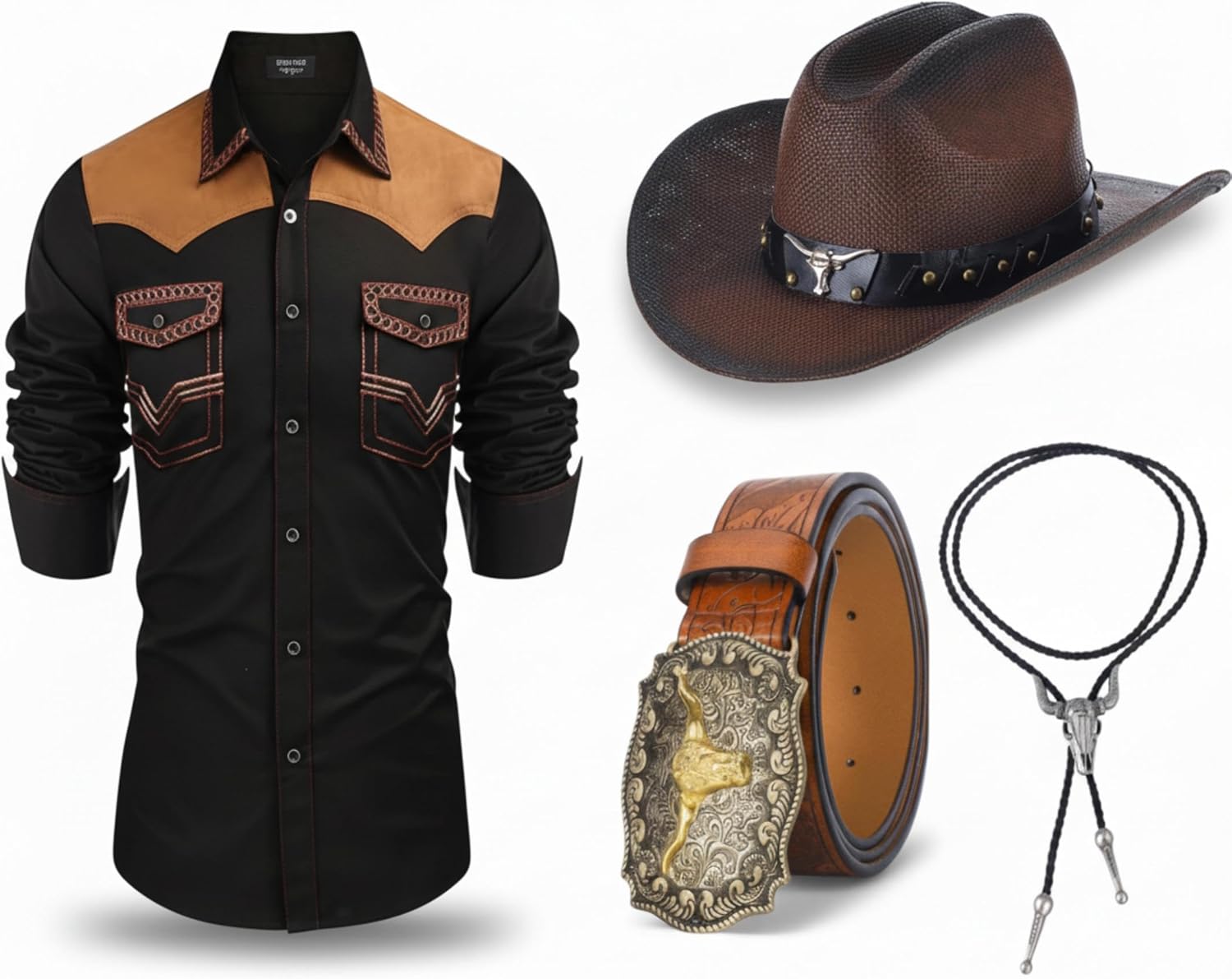Yahenda 4 Pcs Men Western Cowboy Outfit Cowboy Shirt PU Leather Belt Western Accessories for Carnival