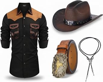 Yahenda 4 Pcs Men Western Cowboy Outfit Cowboy Shirt PU Leather Belt Western Accessories for Carnival