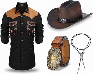 Yahenda 4 Pcs Men Western Cowboy Outfit Cowboy Shirt PU Leather Belt Western Accessories