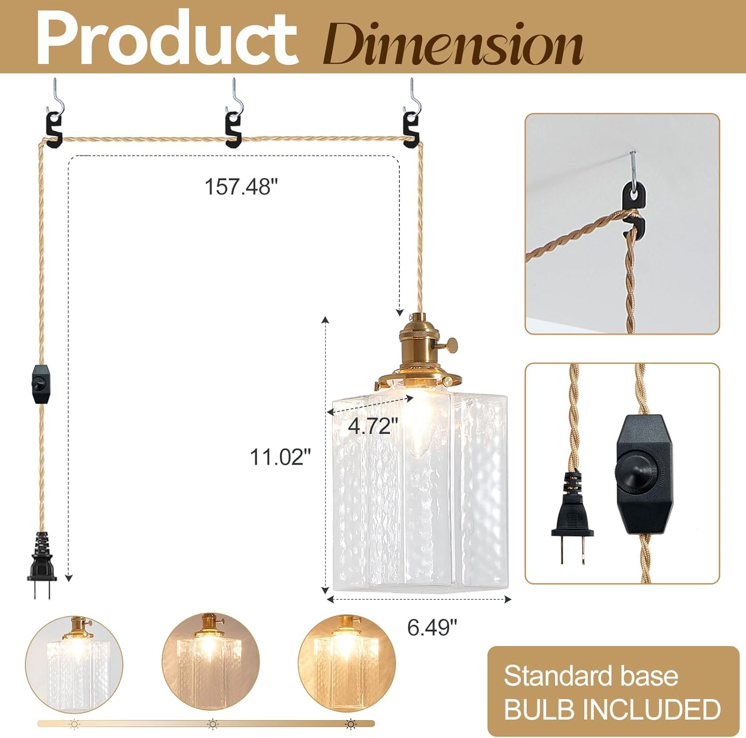 Hanging Lamp Plug in Golden Adjustable 14Ft Light Cord Plug in Pendant Lights 6.5 Inch Glass Lampshade Hanging Pendant Light Hanging Light Fixture for Dining Room with Light Bulb