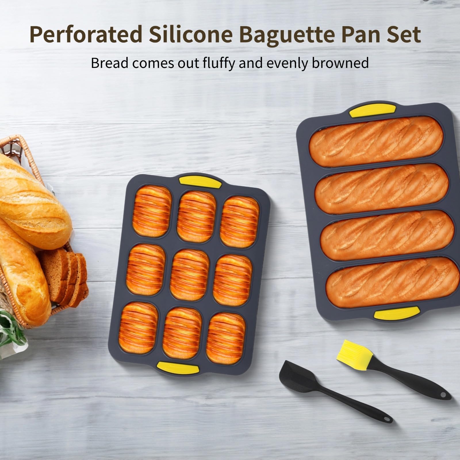 4 Stk. Silikon Baguette Backformen Set, perforierte französische Brotformen mit 9 und 4 Mulden, antihaft Silikon Backblech für Brot und Gebäck, mit Spatel und Ölpinsel