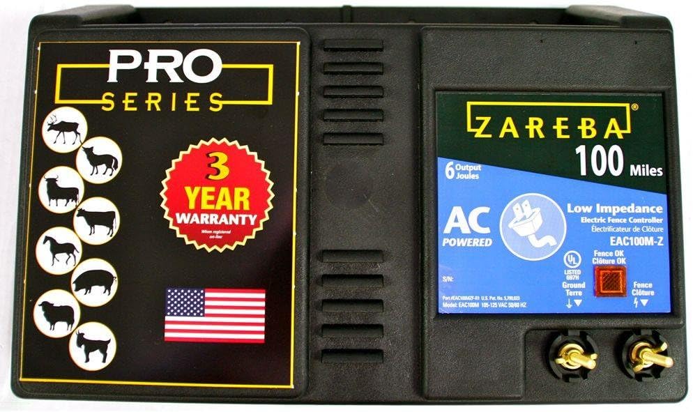 Zareba 100 Mile AC Powered Low Impedance Electric Fence Charger - Plug In Fence Charger - Contain Bulls, Cattle, Bulls, Exotics, Goats, Horses & More - Keep Predators Out - EAC100M-Z