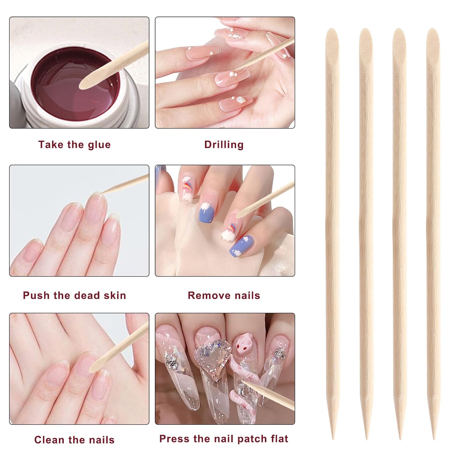 200Pcs Professional Disposable Nail Stick Cuticle Pusher Bulk Crystal Nail Care Sticks Cuticle Manicure Pedicure Stick for Fingernail Cleaning Cuticle Stick (Yellow/Bamboo)
