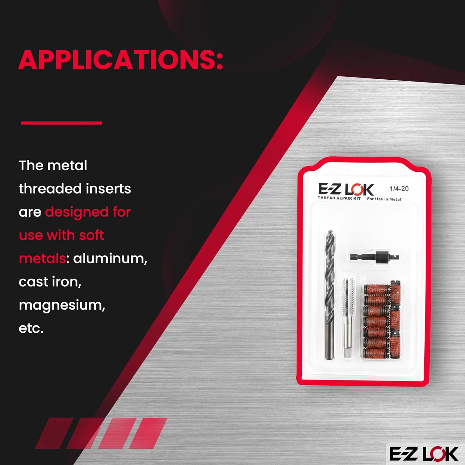 E-Z LOK Thread Repair Kit for Metal - Includes Threaded Inserts, Drill, Tap and Drive Tool, Standard Wall, 1/4-20 x 7/16-14 x 1.00 Length (EZ-329-401)