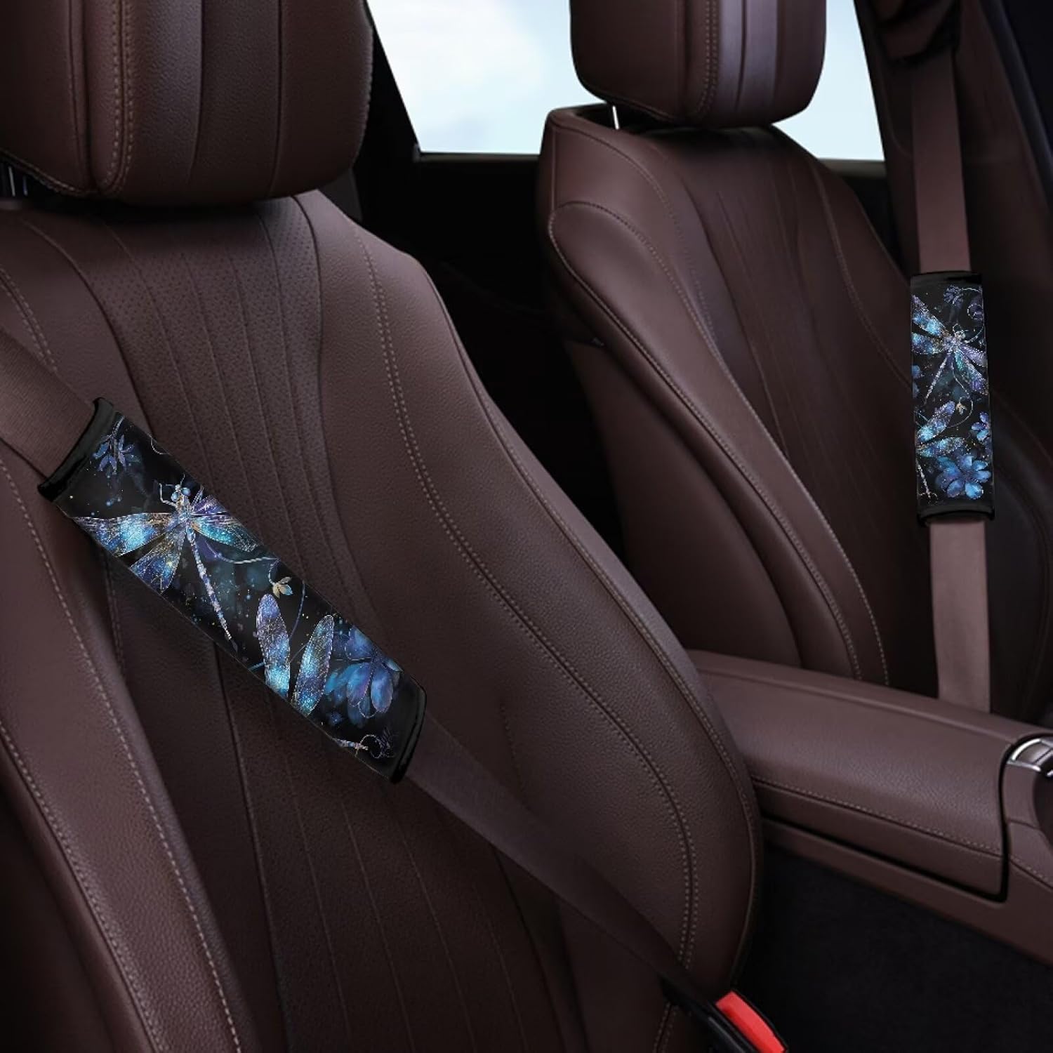 Car Seat Belt Cover Pad,2-Pack Soft Car Seat Belt Strap Shoulder Pad for Adults and Children,Suitable for Car Seat Belt,Backpack Car Decor Blue Dragonfly Flower