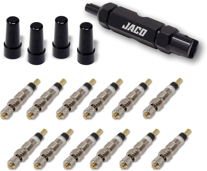 JACO Presta Valve Core Repair Kit for Bike Tires | with (12X) Replacement Valve Cores, (4X) Valve Caps, and Valve Removal Tool