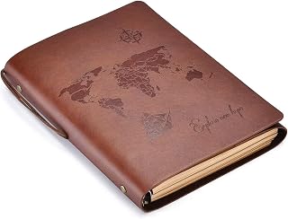 A5 Refillable Journal Leather Notebook Diary Vintage Sketchbook Travel Journal for Girls Women Mens,"World Map" 6 Ring Binder A5 Sketch Book 200 Blank Pages Journal for Writing Drawing
